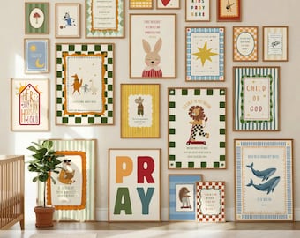 Set di 42 stampe cristiane per la cameretta dei bambini, stampe murali con versetti biblici disegnati a mano, galleria per la cameretta dei bambini, download digitale