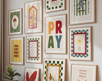 Set di 20 decorazioni murali cristiane per la cameretta dei bambini, decorazioni con versetti della Bibbia, stampe di Scritture disegnate a mano, galleria neutra per la cameretta dei bambini, download digitale