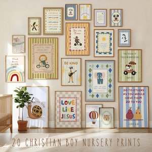 Set Of 20 Christian Nursery Prints, Hand Drawn Scripture Wall Art, Boys Bible Verse Baby Room Gallery, Digital Download