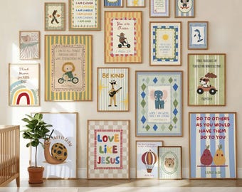 Set di 20 stampe cristiane per la cameretta dei bambini, disegni a mano di versetti biblici da appendere al muro, galleria di immagini per la cameretta dei bambini, download digitale.