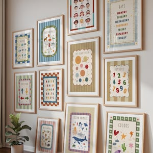 May include: A collection of ten educational wall art prints in light wood frames, featuring illustrations of emotions, days of the week, weather, farm animals, the solar system, numbers, directions, the alphabet, wild animals, ocean animals, and colors.