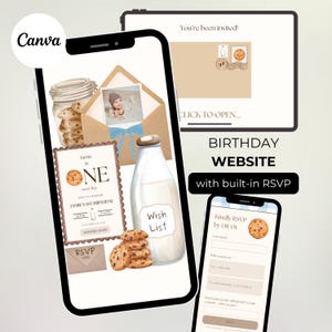 May include: A digital birthday invitation website template displayed on mobile and tablet screens. The design features illustrations of a glass milk bottle, a jar of cookies, and an envelope. Text includes Jamie is ONE, Wish List, and RSVP HERE.