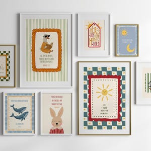 May include: A collection of framed art prints featuring whimsical illustrations. The prints include a goose wearing sunglasses, a sun, a zebra on a skateboard, whales, and a rabbit. The color palette includes shades of blue, green, red, and yellow.