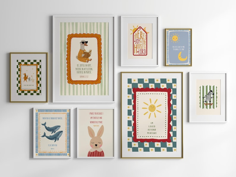 May include: A collection of framed art prints featuring whimsical illustrations. The prints include a goose wearing sunglasses, a sun, a zebra on a skateboard, whales, and a rabbit. The color palette includes shades of blue, green, red, and yellow.