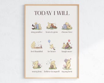 Today I Will Positive Affirmations Poster, Winnie the Pooh Inspired Nursery Wall Art,  Daily Mindset Print for Children, Digital Download