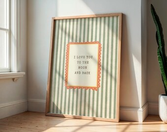 Plakat „Kocham Cię aż do księżyca i z powrotem” – neutralna sztuka ścienna, beżowy wystrój pokoju dziecięcego, minimalistyczny wydruk z cytatem, wersja cyfrowa