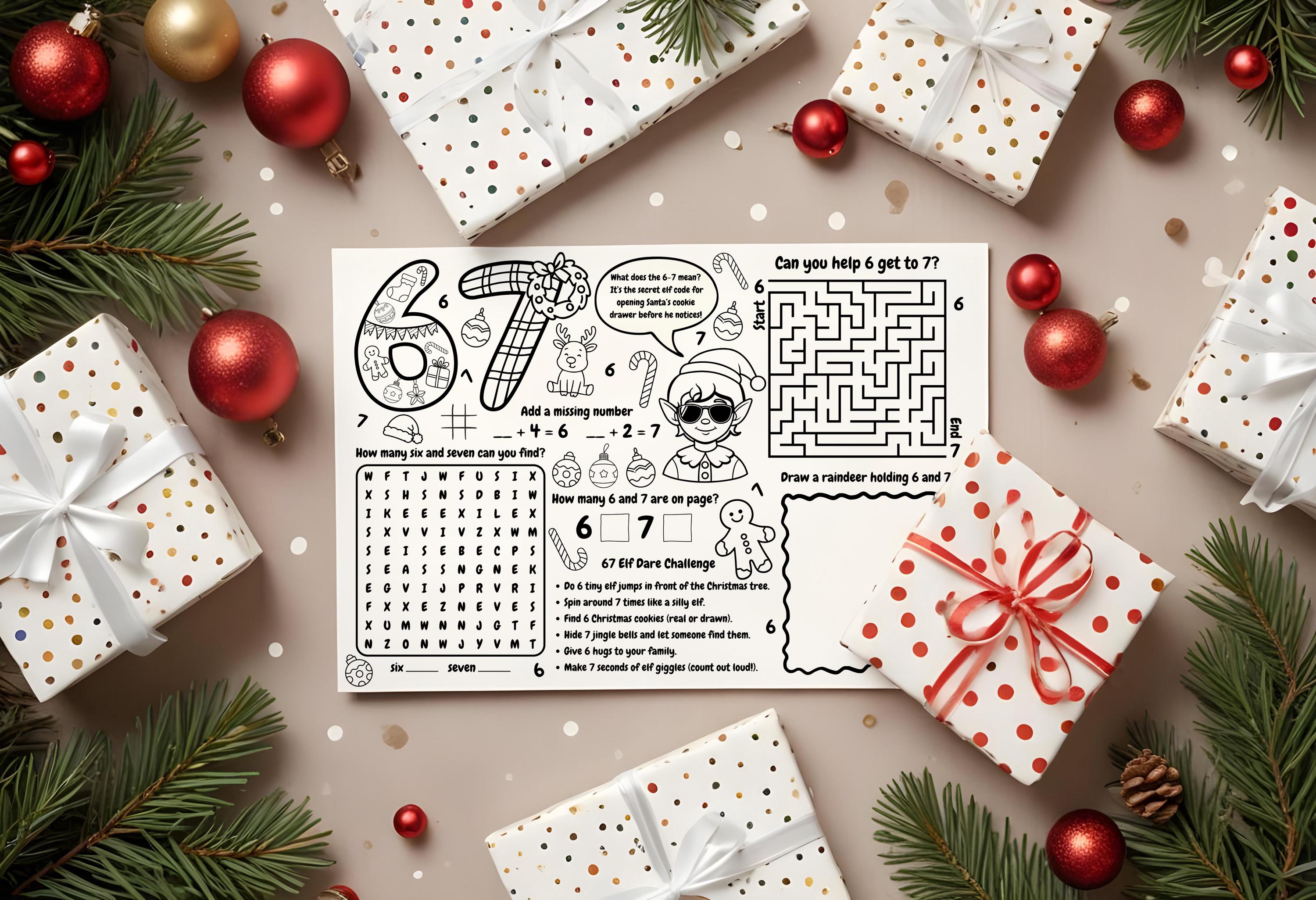 Elf 67 Activity Sheet Printable, Six Seven Meme Christmas Coloring Page ...