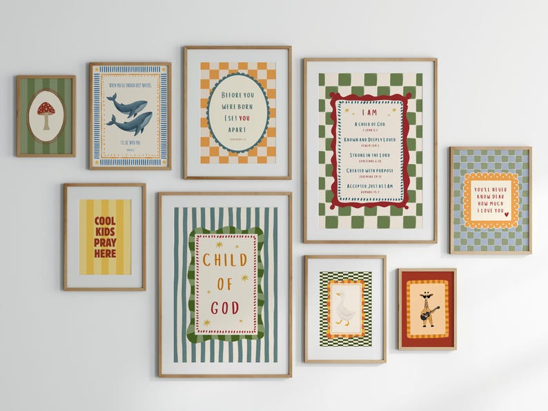 May include: A collection of framed art prints with various designs. The prints include illustrations of whales, a mushroom, a goose, and a giraffe playing a guitar. Some prints feature inspirational text and decorative borders.