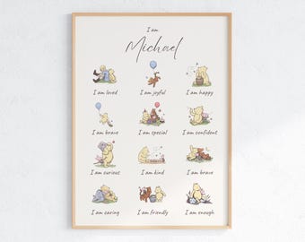 Personalized Kids Positive Affirmation Poster, Winnie the Pooh Inspired Wall Art, Custom Name Nursery Print, Digital Download