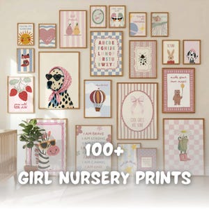 100 Girl Nursery Wall Art Bundle, Playroom Baby Girl Room Decor, Pastel Animal Poster Set, Vintage Toddler Wall Art, Digital Download