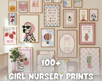 Pacchetto di 100 quadri per la cameretta delle bambine, decorazioni per la stanza dei giochi, set di poster con animali pastello, quadri vintage per bambini piccoli, download digitale.
