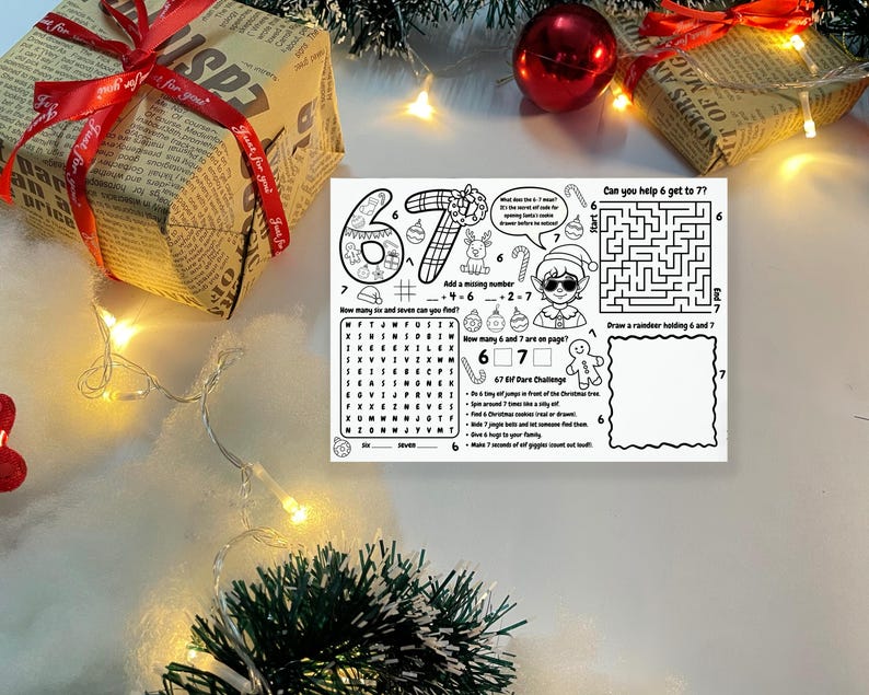 Elf 67 Activity Sheet Printable, Six Seven Meme Christmas Coloring Page ...