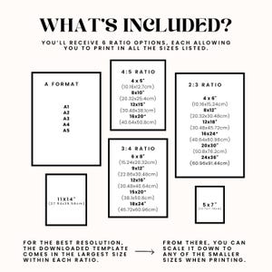 May include: A black and white graphic lists six ratio options for printing, including A format, 4:5, 2:3, and 3:4 ratios, with corresponding sizes in inches and centimeters. The text "WHAT'S INCLUDED?" is at the top.