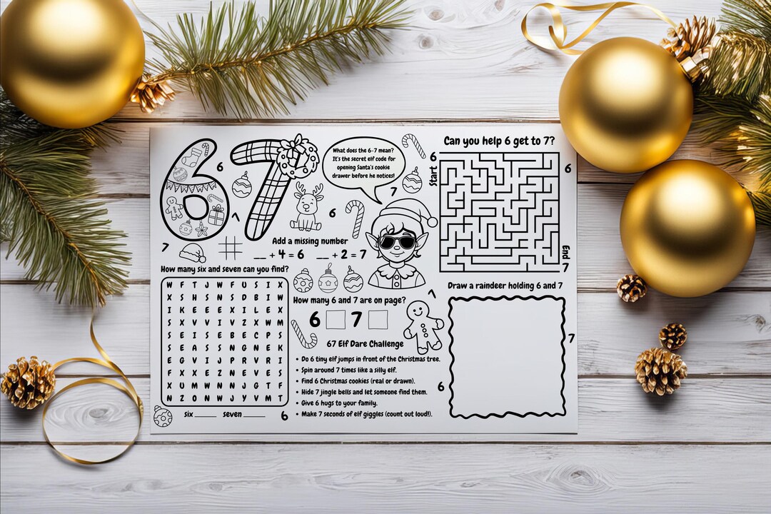 Elf 67 Activity Sheet Printable, Six Seven Meme Christmas Coloring Page ...