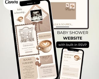Invito per baby shower "Baby is Brewing", invito per sito web a tema caffè espresso, invito RSVP "Cafe Bebe", download digitale.