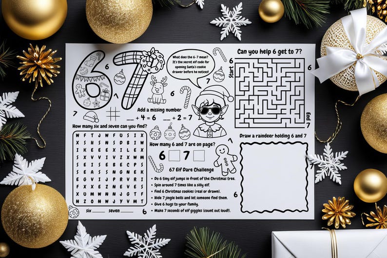 Elf 67 Activity Sheet Printable, Six Seven Meme Christmas Coloring Page ...