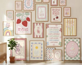 Set di 20 stampe cristiane per la cameretta dei bambini, disegni a mano libera con versetti biblici, galleria di immagini per la cameretta delle bambine, download digitale.