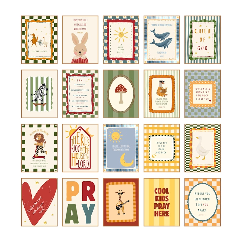 May include: A collection of 20 illustrated art prints with various themes. Each print features a different design, including animals, suns, moons, and text. The prints are framed with decorative borders and are in a variety of colors.