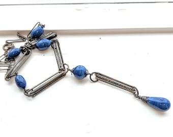 Blue Lariat Necklace Pendant Hand Blown Glass Beads