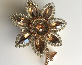Weiss Flower Pin, Large Floral Brooch, Amber Brown Rhinestones, Vintage Jewelry