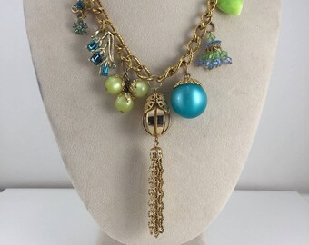 fun Assemblage Necklace Chain tassel Teal Green Aqua Reclaimed Vintage Jewelry