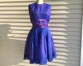 Royal Blue Dress, Purple Organza 1960s summer mod sleeveless, Vintage fashion, Small size