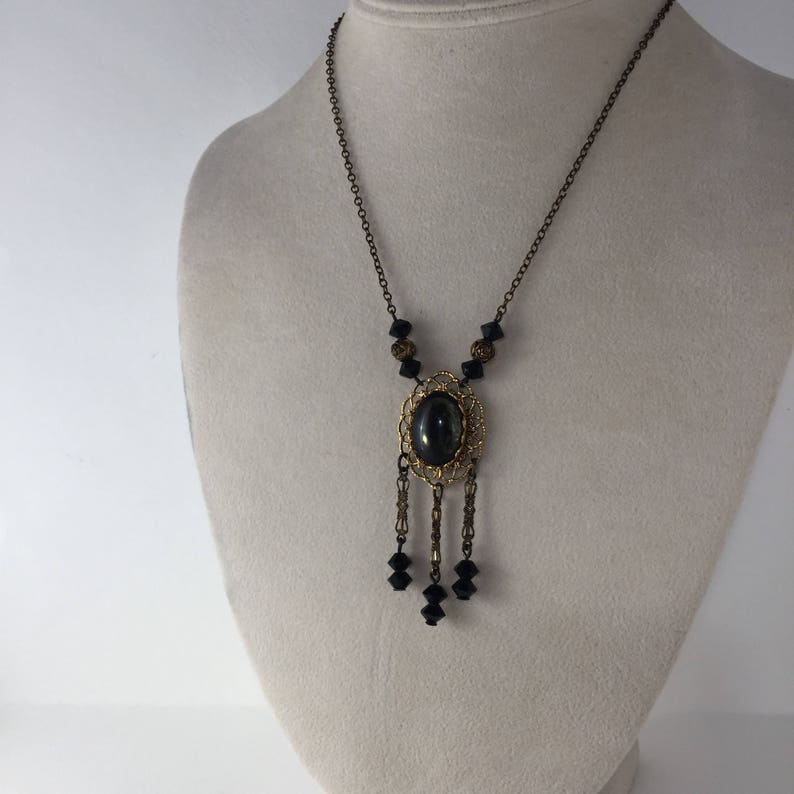 Victorian Filigree Pendant Necklace Faceted black glass beads dangle from Chain Vintage Jewelry