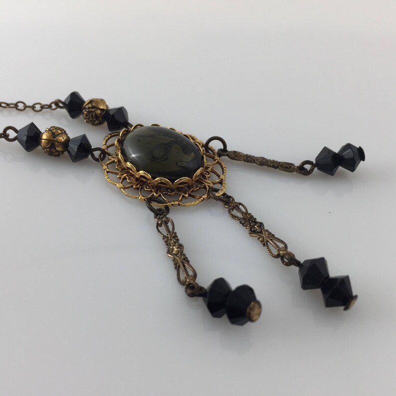Victorian Filigree Pendant Necklace Faceted black glass beads dangle from Chain Vintage Jewelry