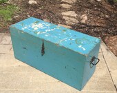 Wood Tool Box, Primitive, Tool Chest, Hinged Lid, Handles, Rustic, Large, Wooden Box, Blue, Shabby Chic, Vintage Storage, Fathers Day