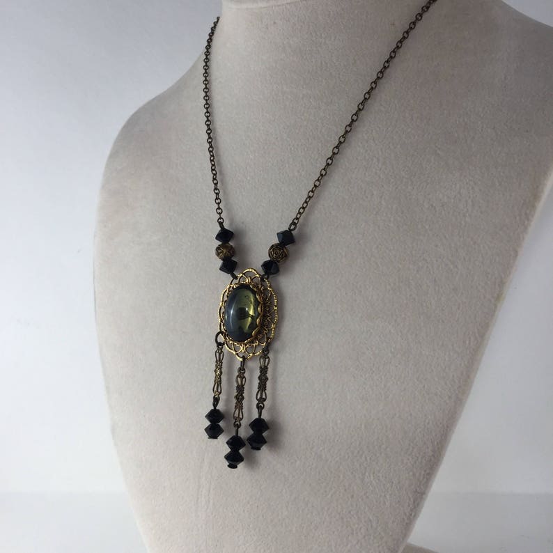 Victorian Filigree Pendant Necklace Faceted black glass beads dangle from Chain Vintage Jewelry