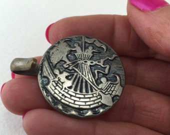 Antique "Ship of Devilment" Picture Button, Peter Flotner Etching, ca 1900