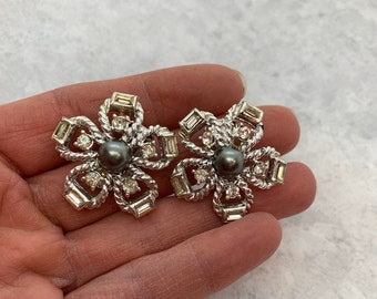 Rhinestone Flower Earrings Gray Bead Large Vintage Floral Clips