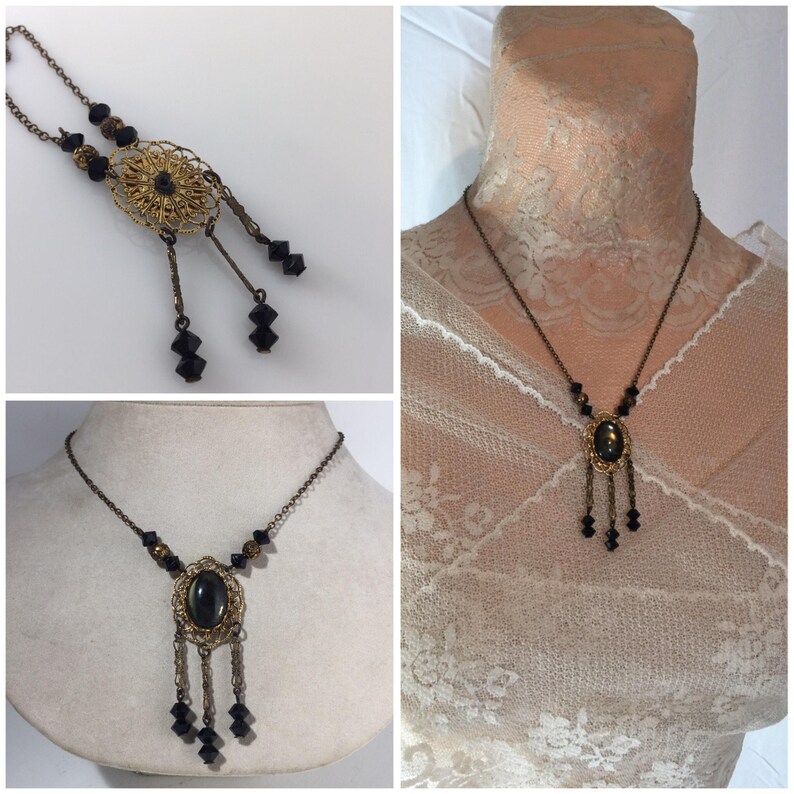 Victorian Filigree Pendant Necklace Faceted black glass beads dangle from Chain Vintage Jewelry