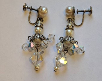 Aurora Borealis Earrings Pearl Rhinestone Vintage Bridal Jewelry Chandelier