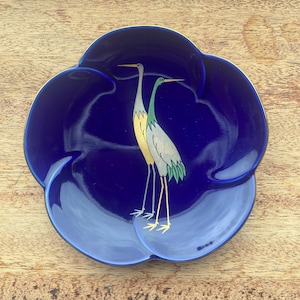 Vintage Japanese Small Plate with Crane Design – Blue Porcelain Dish for Jewelry, Trinkets, or Decorative Use