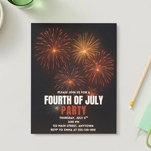 Modèle d'invitation à une fête du 4 juillet | Flyer modifiable 5 x 7 du 4 juillet | Invitation Canvas à téléchargement immédiat | Feu d'artifice barbecue à imprimer