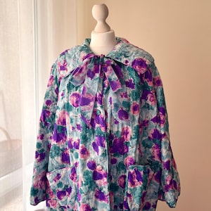 Vintage 50s 60s Housecoat, Quilet Robe, Blue Purple Floral Pattern, Made in Germany
