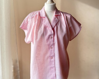 Vintage 80s Pink Blouse, CANDA, Eyelet Cutwork Embroidery Lace