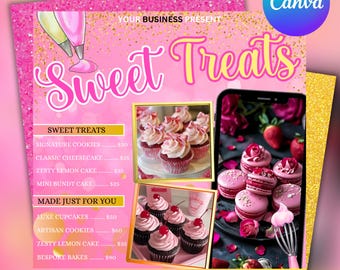 May include: A pink and gold flyer advertising "Sweet Treats." The flyer showcases images of cupcakes and macarons, with text detailing baked goods such as cookies and cakes. The Canva logo is visible in the upper right corner.