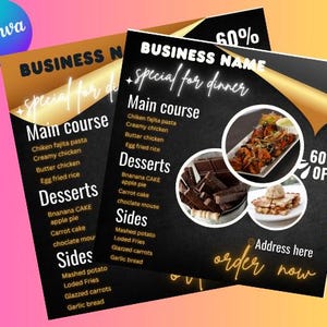 Ulotka specjalna na kolację, Ulotka menu restauracji, Ulotka deserowa, Szablon ulotki dla małej firmy, Ulotka cateringowa, Ulotka ofert na kolację