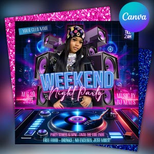 Puede incluir: Un folleto de fiesta vibrante con una mujer y el texto "Weekend Night Party". El folleto incluye la fecha "20 de agosto de 2025" y el texto "Music by DJ Nexus". El diseño incorpora altavoces, un tocadiscos y un borde brillante. La fiesta comienza a las 22:00.