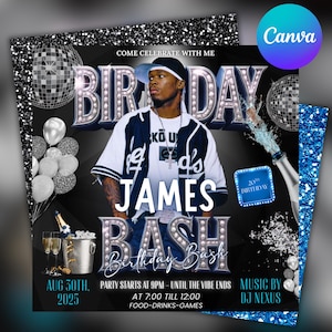 May include: A black and silver birthday party invitation with the text "BIRTHDAY JAMES BASH". The invitation features a photo of a man, disco balls, balloons, and a champagne bottle. Additional text includes the date, time, and DJ.