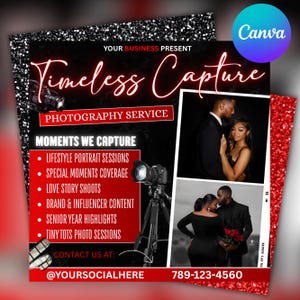 May include: A promotional flyer for a photography service, featuring the text "Timeless Capture" in a stylized font. The flyer includes images of couples, a camera on a tripod, and a list of services offered, such as lifestyle portraits and love story shoots.