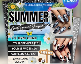 Sommarens nagelspecialflyer, nagelteknikkampanj (redigerbar Canva-mall)