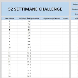 Planner Excel 52 Settimane con Checklist | Tracker Settimanale con Calcolo Date | Challenge Excel Stampabile | Italiano