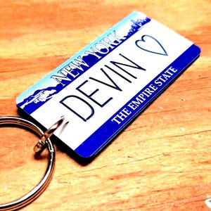 Personalized New York License Plate Engraved Keychain,  The Empire State,  Key Ring, Key Tag,  Any Name, Made to Order