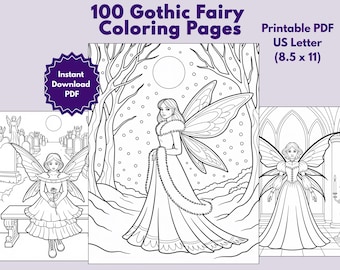 100 Gothic Fairy Coloring Pages, Dark Fantasy Art (PDF Download, 8.5x11 in)