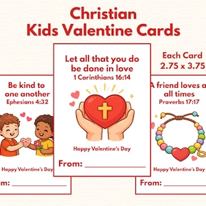May include: Christian Kids Valentine Cards with three designs. One card shows two children exchanging a heart, another shows hands holding a heart with a cross, and the last shows a bracelet with a heart and a fish charm. Each card is 7 x 9.5 cm.