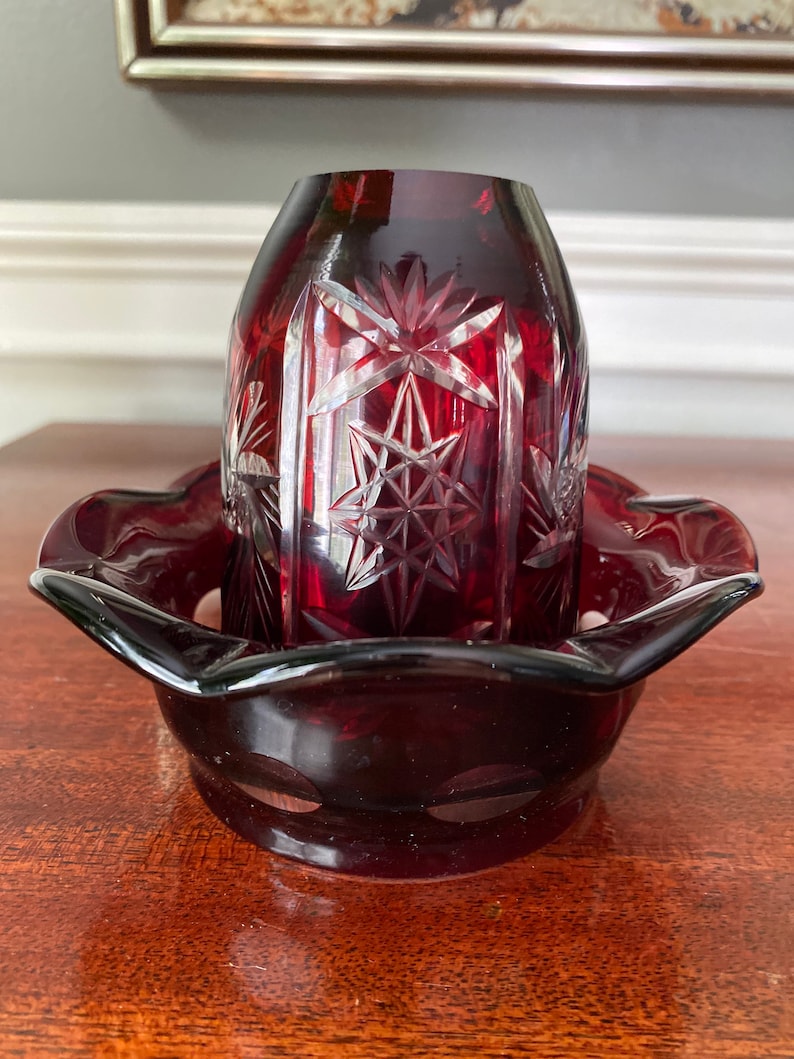 Cranberry Czech Fairy Lamp Bohemian Ruby Red Cut To Clear Etsy