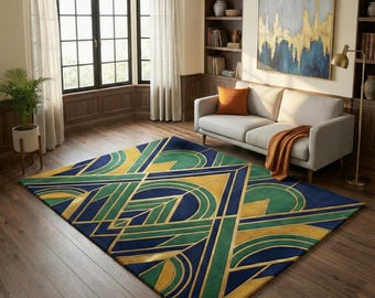 Alfombra geométrica Art Déco, azul marino, verde y dorado, hecha a mano